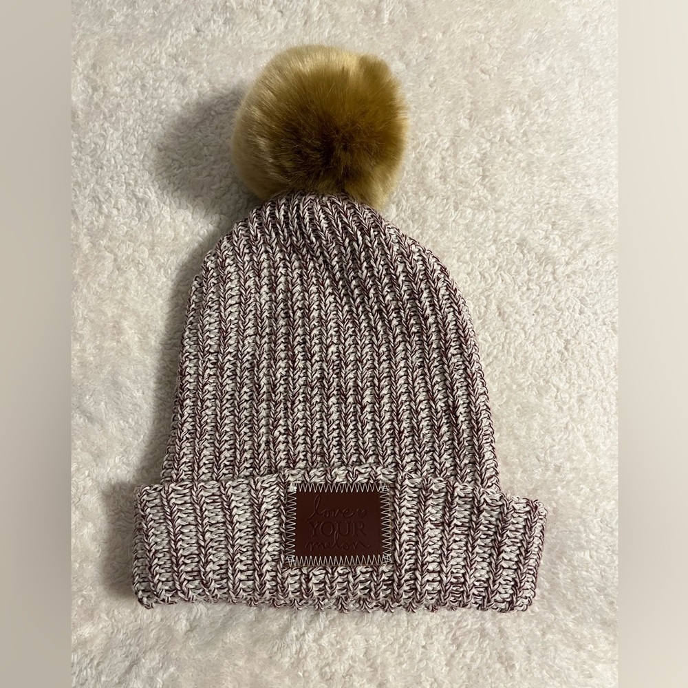 Love Your Melon Pom Beanie Speckled Maroon Burgundy White